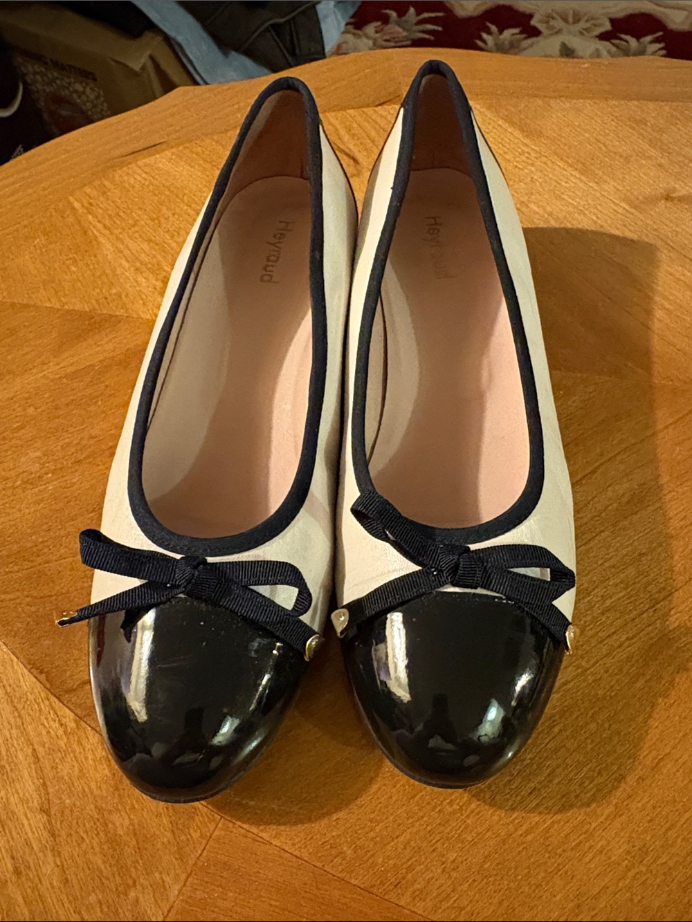 Cream and Black Cap-Toe Ballet Flats with Navy Trim and Bow